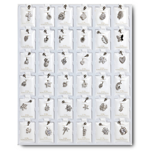 RBC36 RHODIUM BELLY RING CZ DESING 36PCS $54 ($1.50EACH)