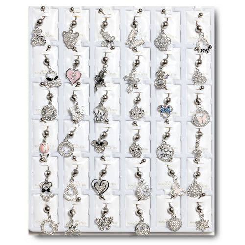 RDB36 RHODIUM DANGLE BELLY RINGS 36PCS $36 ($1 EACH)