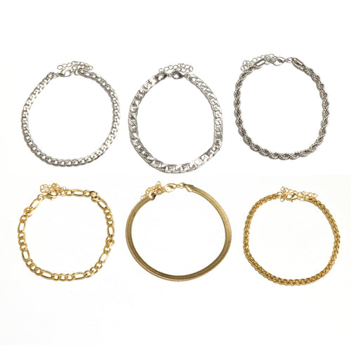 CAS80 CHAIN ANKLET SET 10 DIFFERENT DESINGNS 80 PCS (GOLD 40PCS- RH 40PCS) $120 FOR SET $1.50 EACH