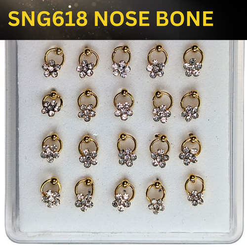 SNG618   FLOWER STONES ON RING GOLD (NOSE BONE) 20pcs 30cent each