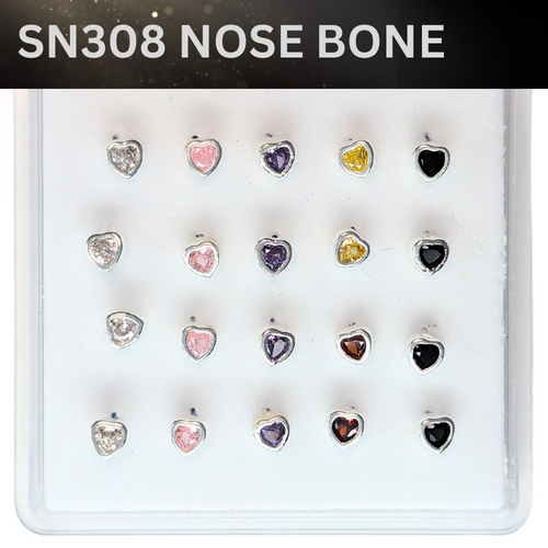 SN308   HEART W/MIX STONE SILVER (NOSE BONE) 20pcs 40cent each